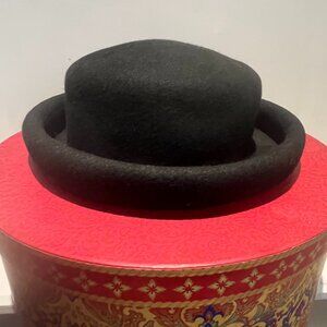 Vintage 80s Italy Black 100% Wool Bowler Brim Hat Medium Classic